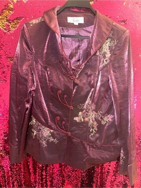 Women's Burgundy Satin Embroidered Jacket
